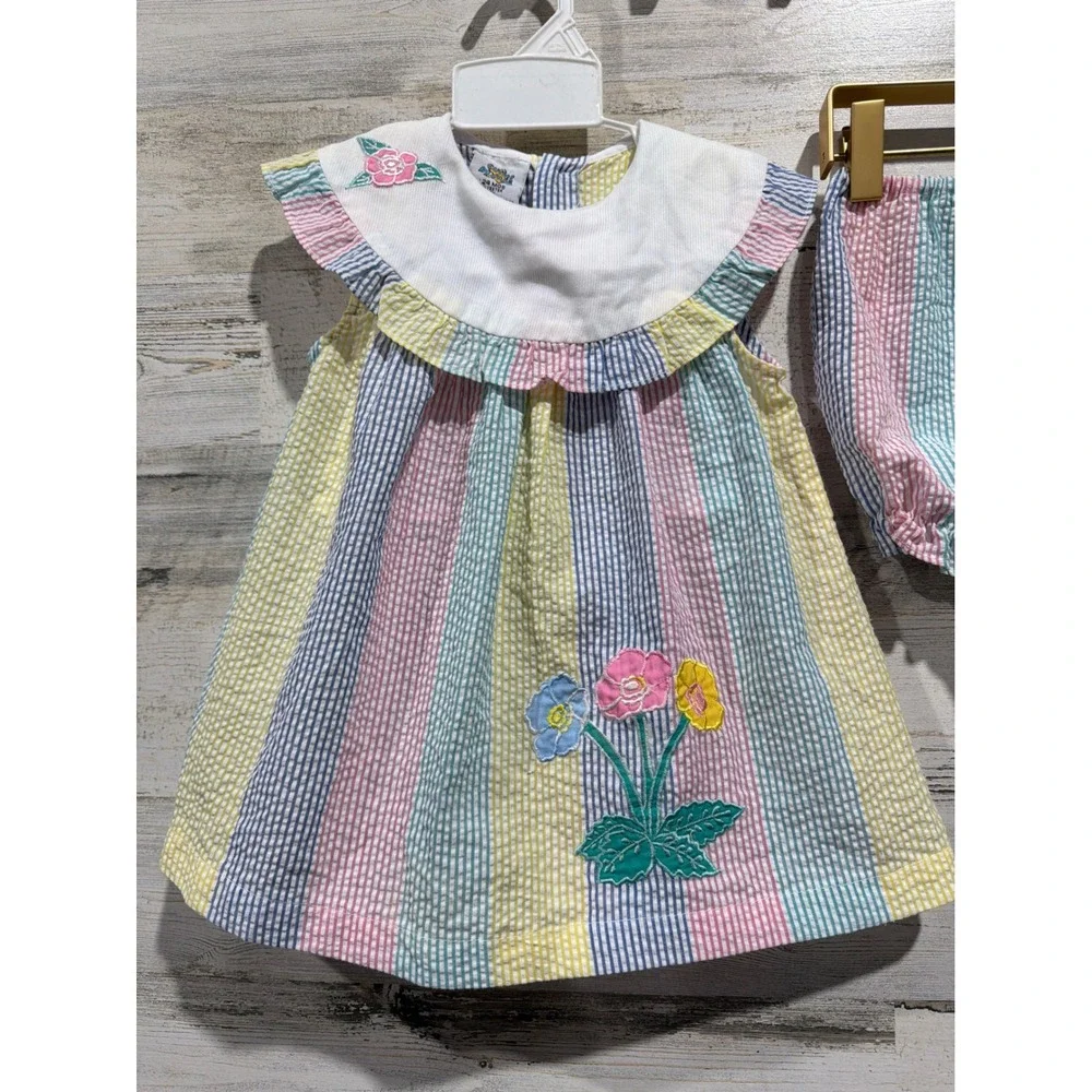 Cuties by Judy Vintage Seersucker Dress Set Girls 24M Stripe Floral Cottagecore